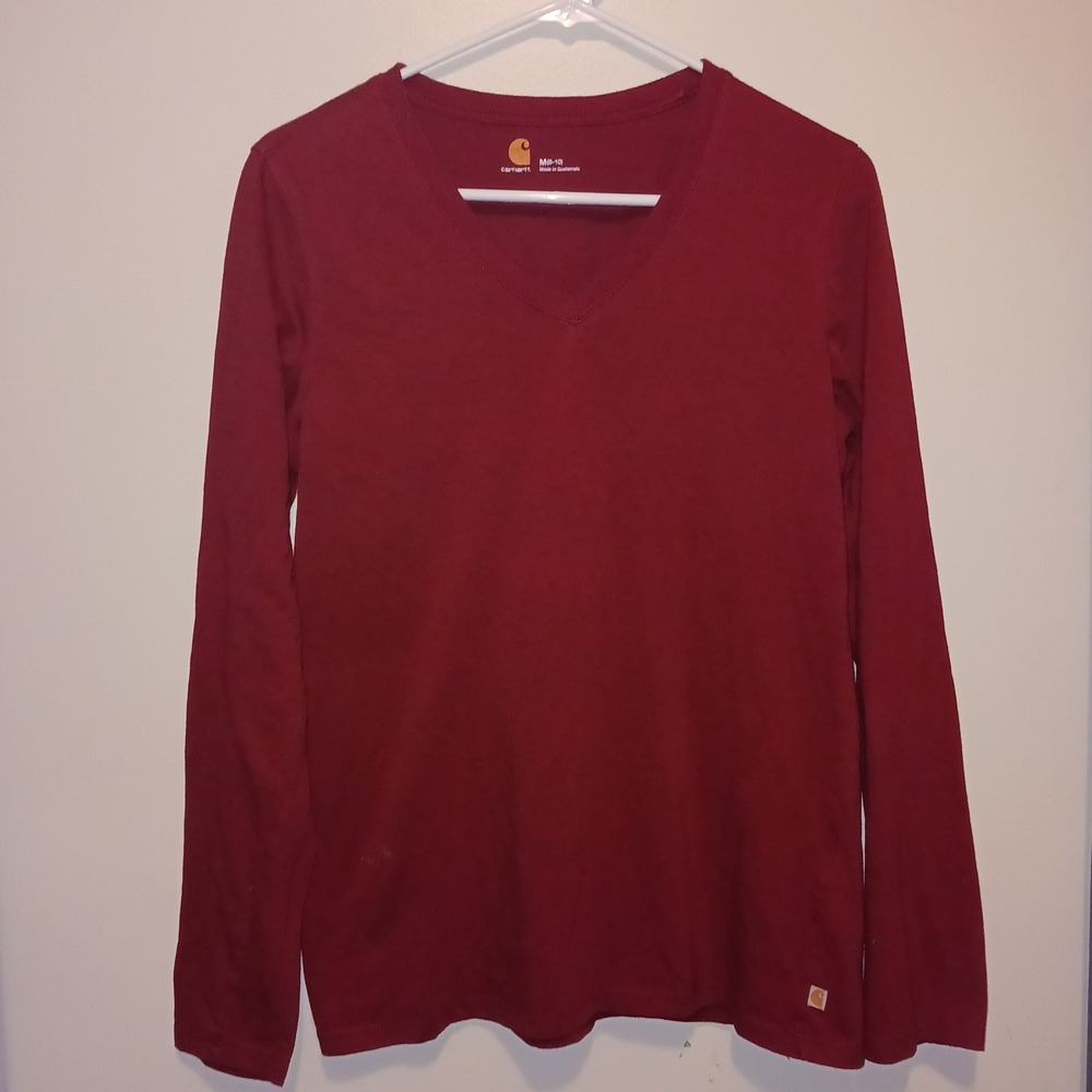 Carhartt Classic Layering V-Neck Long Sleeve T-Shirt Heather Red M 8-10 Logo